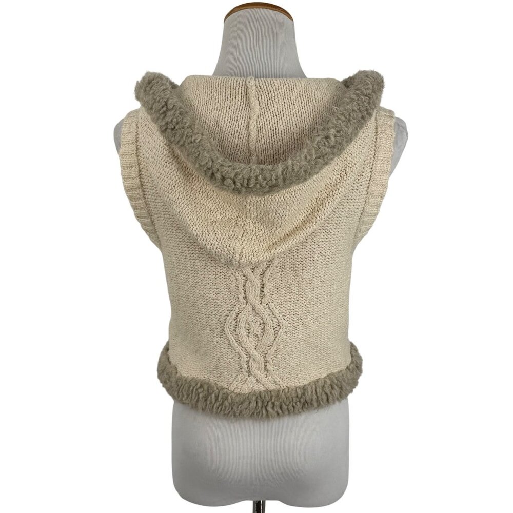 Vtg Y2K Old Navy Cream Cable Knit Faux Shearling Trim Hooded Boho Sweater Vest L - Picture 8 of 16
